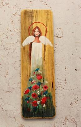 Deska Retro Anioł w chabrach i makach dł. 40 cm x szer. 12 cm