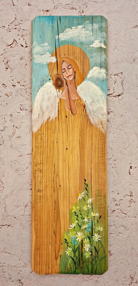 Deska Retro Anioł w kwiatach dł.40cm x szer.12cm