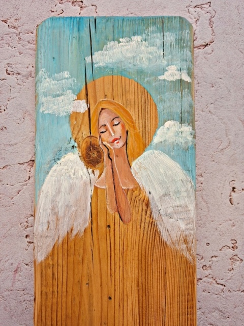 Deska Retro Anioł w kwiatach dł.40cm x szer.12cm