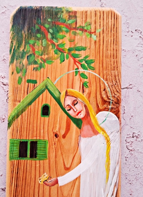 Deska Retro Anioł w makach nr 10 dł.40cm x szer.12cm