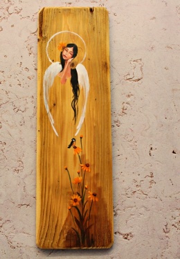 Deska Retro Anioł w rudbekiach nr 1 dł. 40 cm x 12 cm
