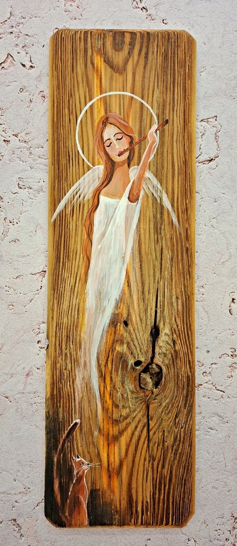 Deska Retro Anioł z kotem nr 1 dł.40cm x szer.12cm