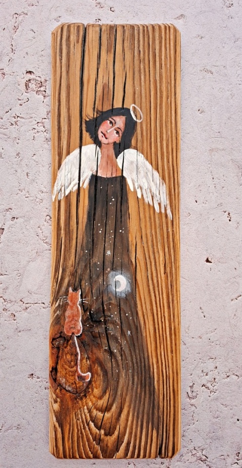 Deska Retro Anioł z kotem nr 2 dł.40cm x szer.12cm