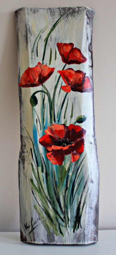 Obraz maki na desce sosnowej - dł. 50cm x szer.16,5cm